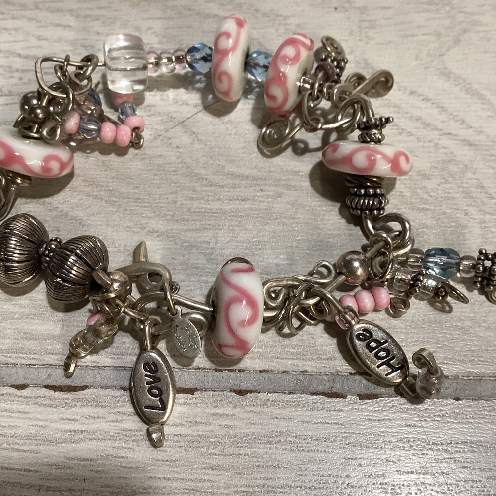 Silvertone Bracelet Beaded Breast Cancer Awareness